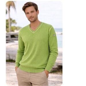 Bogner Cashmere Sweater Mens XXL Lime Green Knit Elbow Patches Tennis Prep Lux